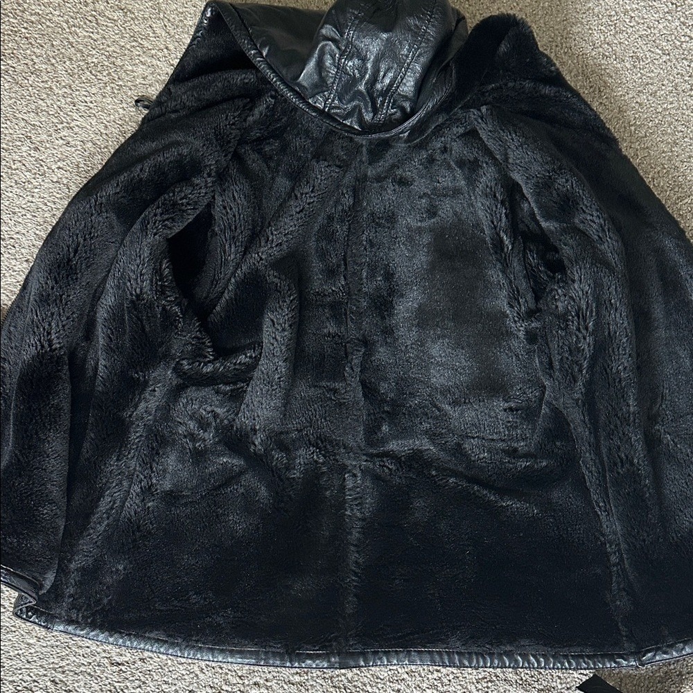 Wilsons Leather Hooded Jacket Womens Large Black Faux Fur Lined Belted Coat - Picture 10 of 13
